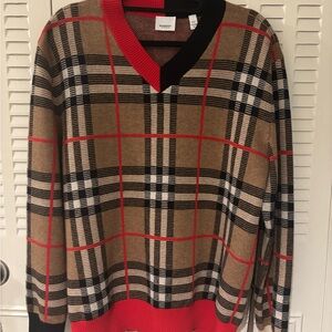 Burberry V-Neck Sweater - Red, Black, and Tan